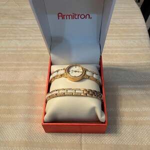 Armitron Women's Gold-Tone and White Ceramic Watch and Bracelet Set